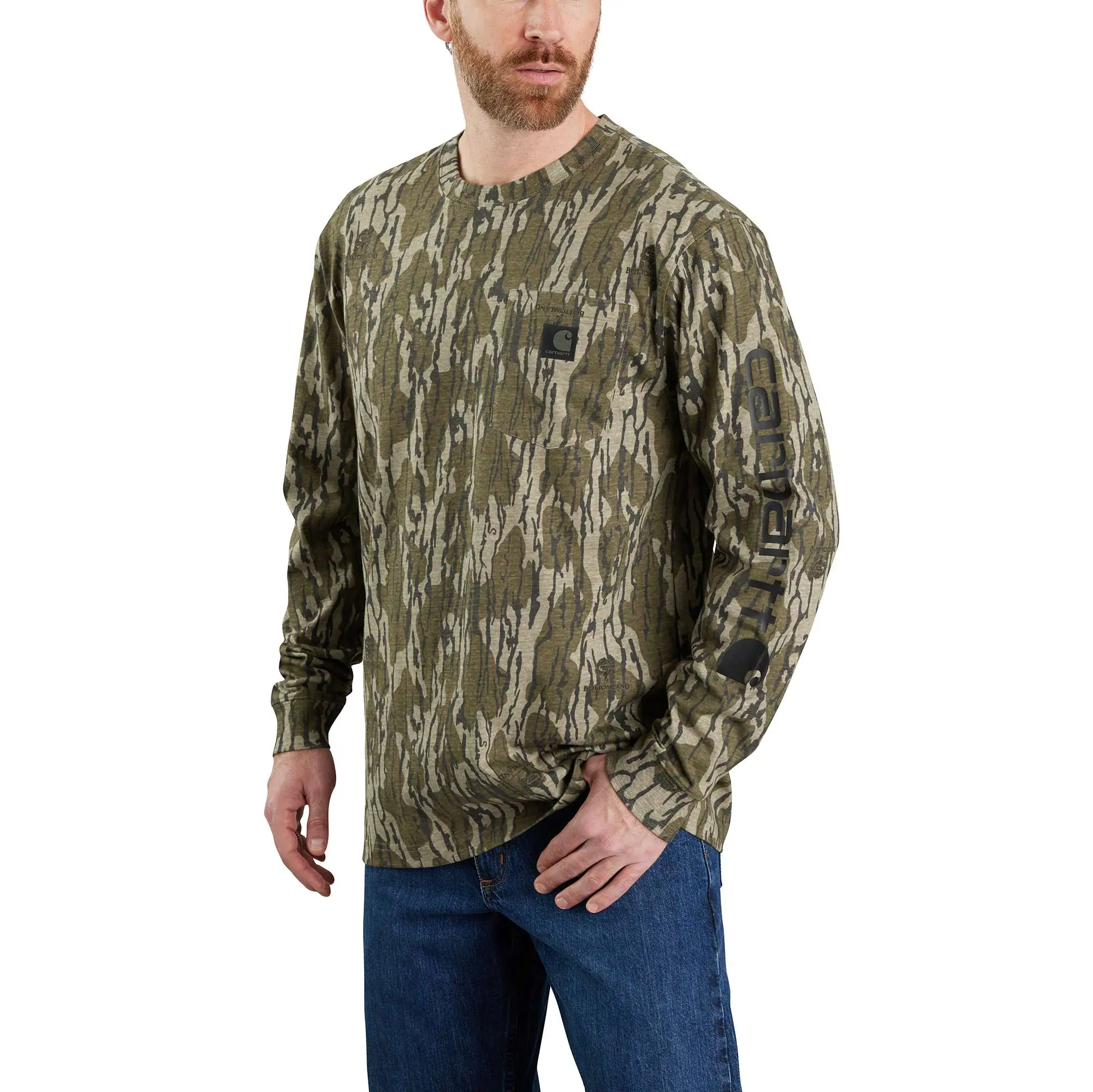 Loose Fit Heavyweight Long-Sleeve Pocket Camo Logo Graphic T-Shirt