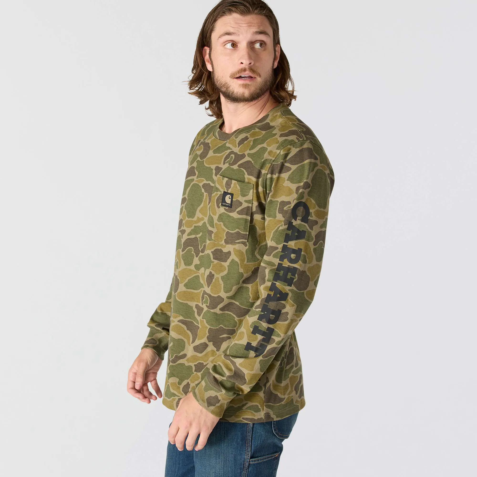 Relaxed Fit Heavyweight Long-Sleeve Pocket Camo Logo Graphic T-Shirt