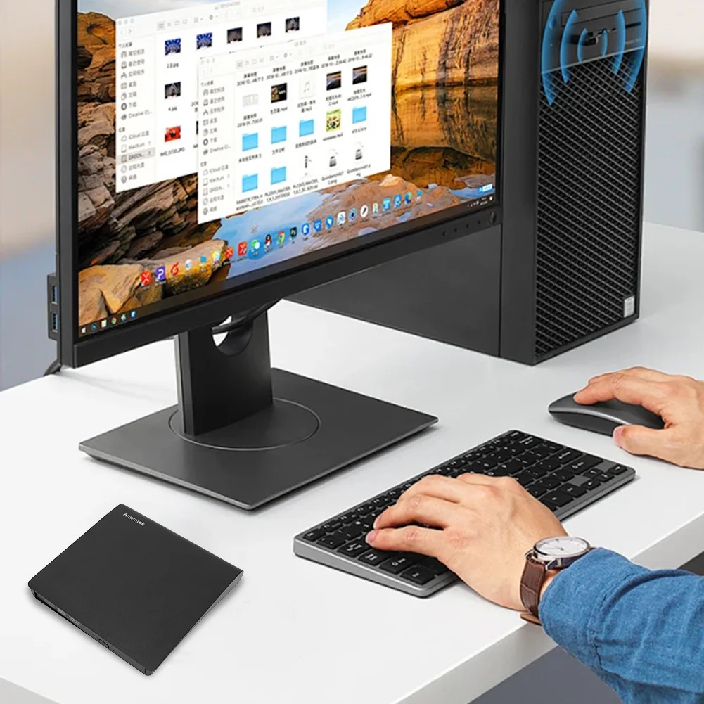 USB 3.0 Slim CD ROM Reader Rewriter Portable DVD&CD-ROM Burner Player Type-C for Laptop Desktop PC Windows Linux Mac OS Apple