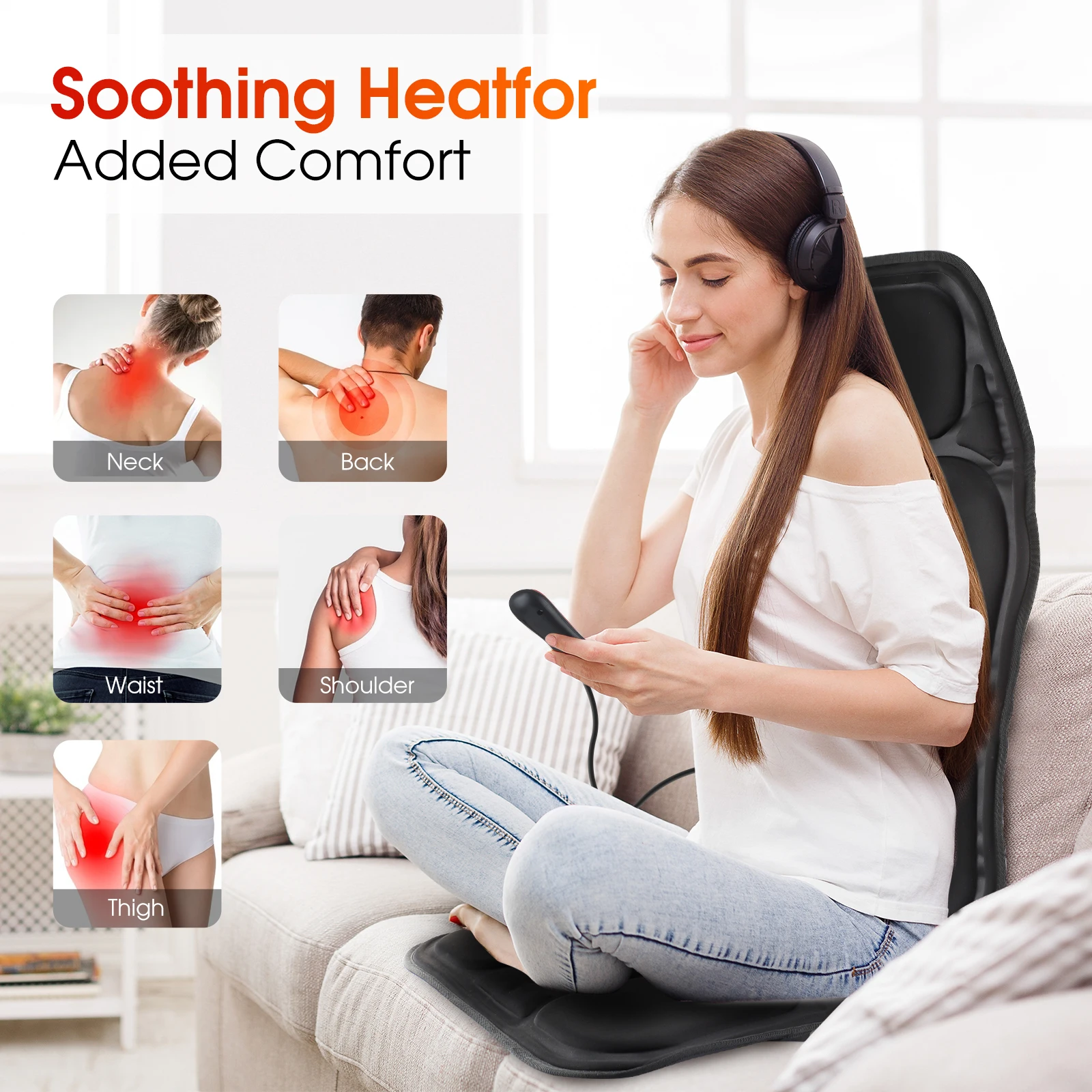 Electric Massage Chair Cushion Seat Pad Shoulder Back Waist Massager Vibration 9-Level Heat Car Office Lumbar Neck Pain Relief