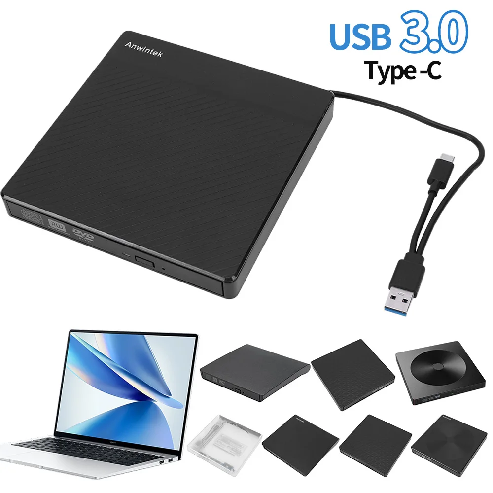 USB 3.0 Slim CD ROM Reader Rewriter Portable DVD&CD-ROM Burner Player Type-C for Laptop Desktop PC Windows Linux Mac OS Apple