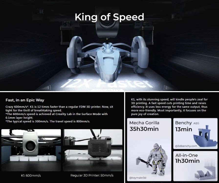Creality K1 Speedy 3D Printer - 600mm/s Printing Speed Hands-Free Auto Leveling