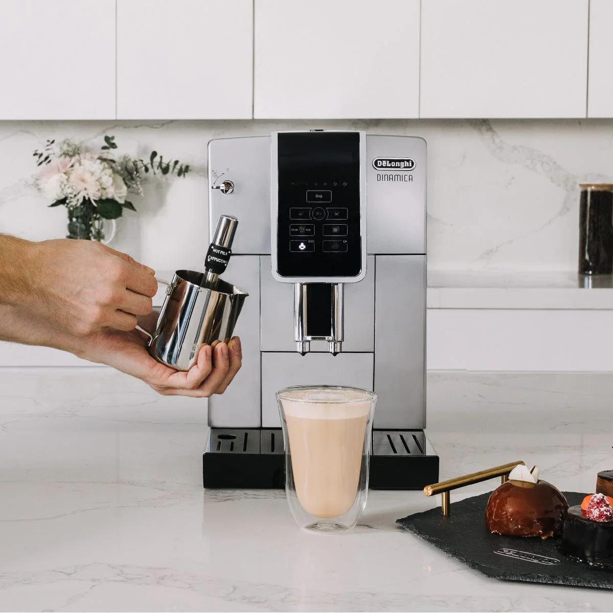DeLonghi Dinamica With Adjustable Frothing Wand Super Automatic Espresso & Coffee Machine ECAM35025SB (Silver) - REFURBISHED