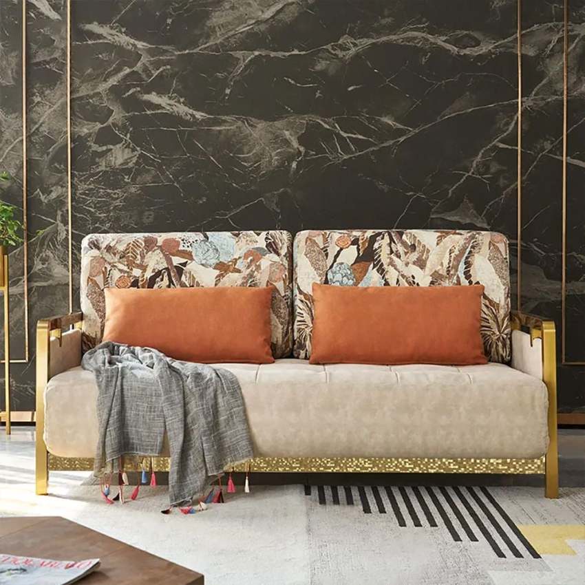 Modern Queen Convertible Sleeper Sofa Gold Metal Beige Upholstered Sofa Bed Pillow
