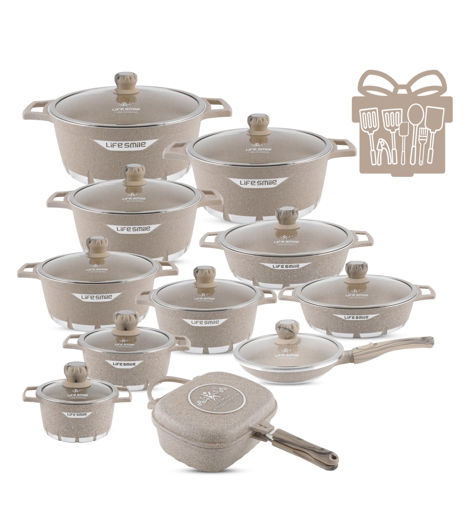 Anniversary Celebration while stocks last：Life Smile Non-stick Cookwares-29pcs Granite Cookware Set