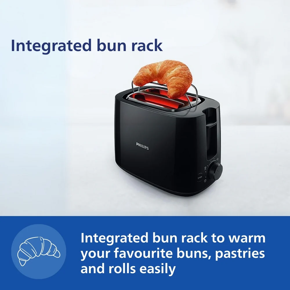Philips 600 Watts 2-Slice Toaster with Integrated Bun Rack Black - HD2583/90