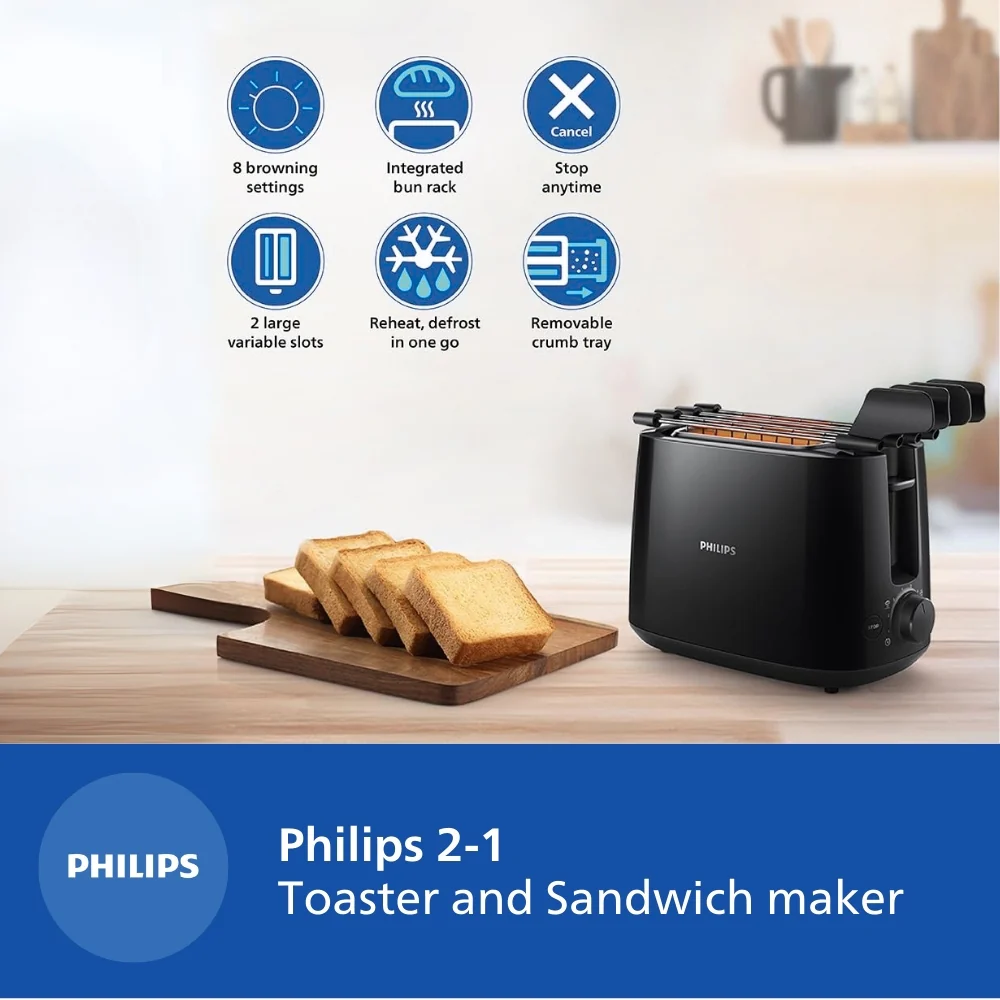 Philips 600 Watts 2-Slice Toaster with Integrated Bun Rack Black - HD2583/90