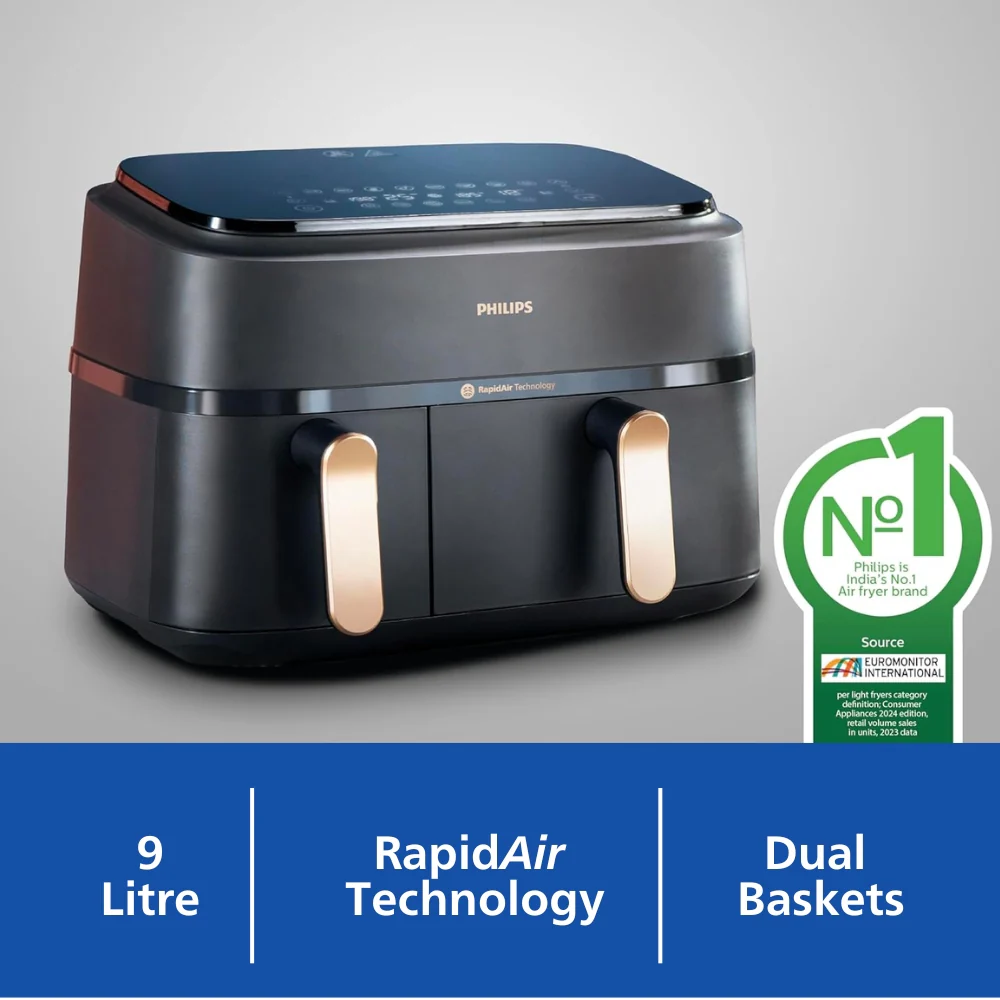 Philips 9L Airfryer with Dual Baskets for Full Tray Cooking & 8 Preset Menus - NA352/00