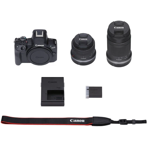 Canon EOS R50 (RF-S 18-45mm f/4.5-6.3 IS Stm & RF-S 55-210mm f/5-7.1 IS Stm) FOC Sandisk 64gb UHS I Sd card  & Daily Objects Spere bag