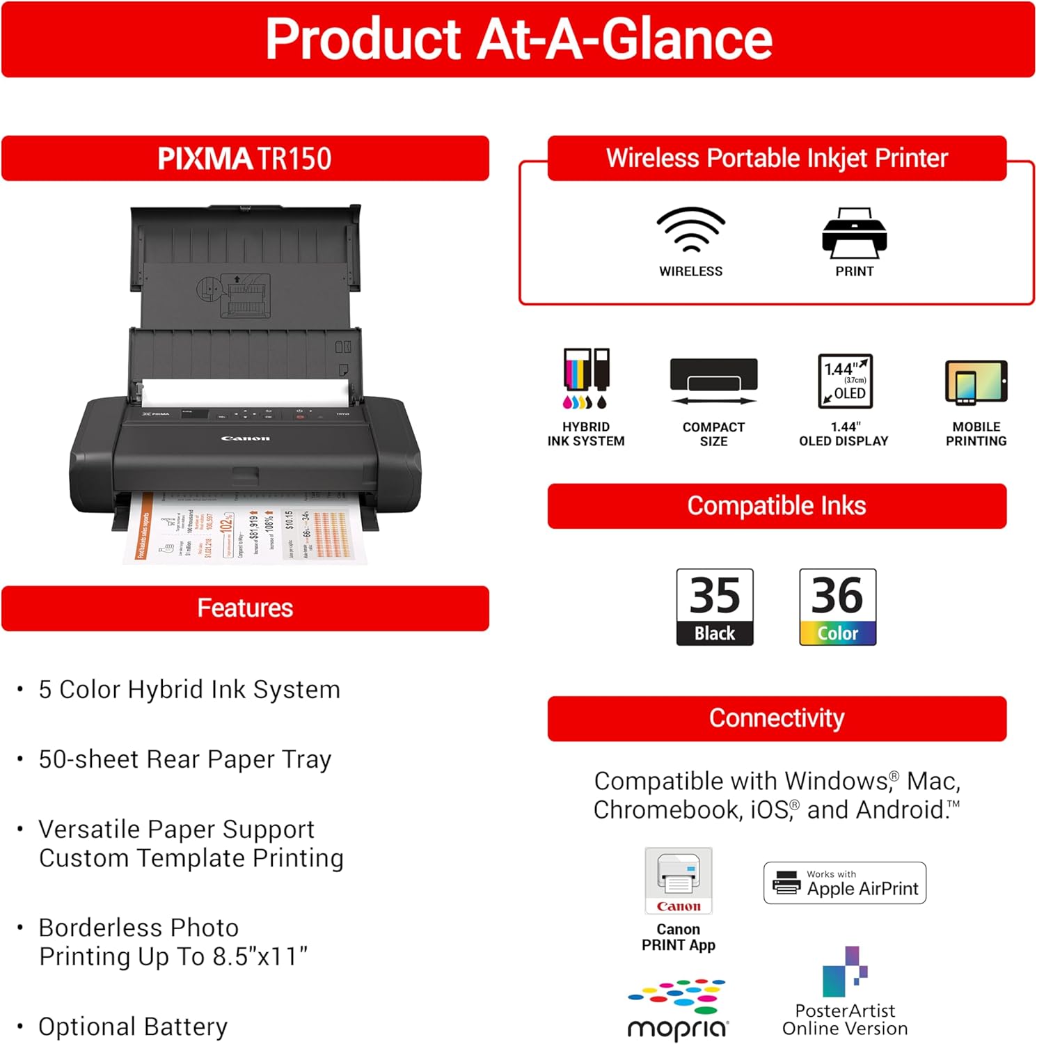 Canon PIXMA TR150 Wireless Portable Printer with Battery Pack