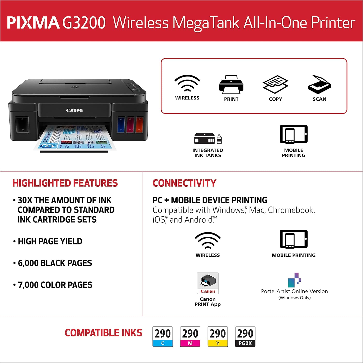 Canon G3200 All-In-One Wireless Supertank (MegaTank) Printer| Copier| Scanner| and Mobile Printing