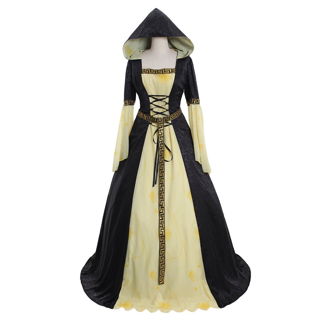Vestido Medieval com Capuz Amarelo e Preto com Cinto - Traje Vintage para Mulheres em Shows Musicais e Festas de Halloween - Estrela Cosplay