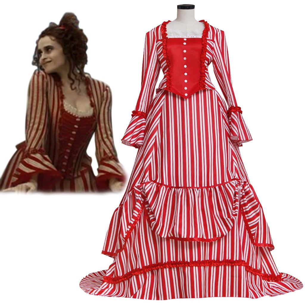 Fantasia de Cosplay Sweeney Todd Mrs. Lovett – Vestido Vitoriano de Busto Listrado em Vermelho e Branco para Mulheres - Estrela Cosplay