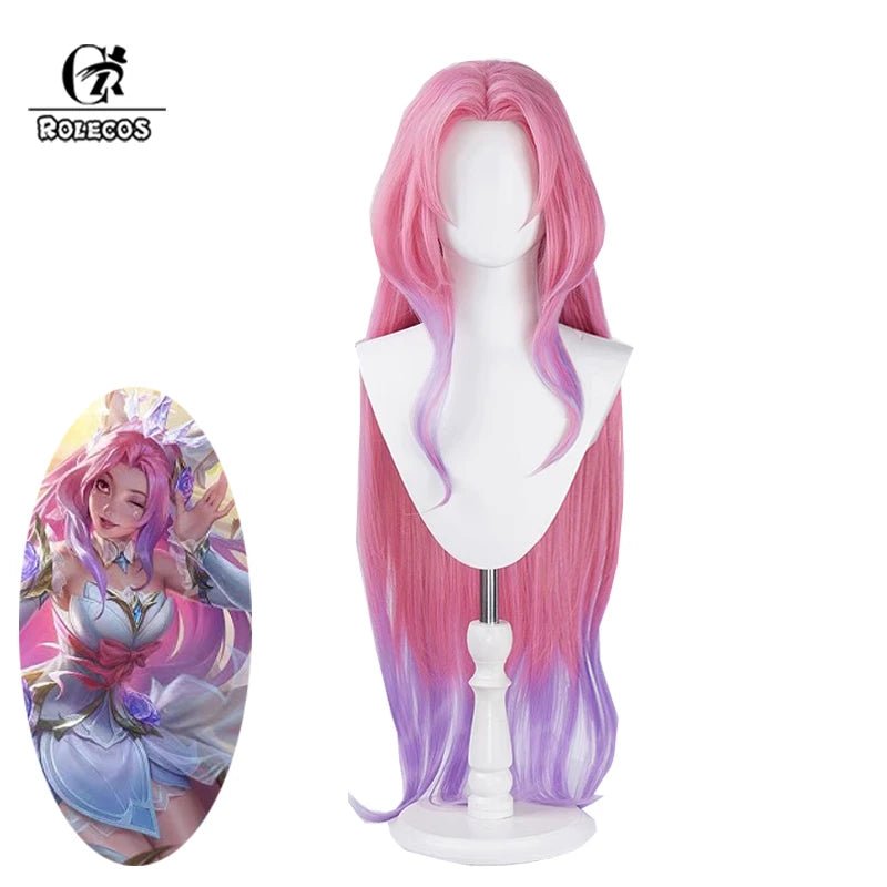 Peruca de Cosplay LOL Rosa Cristal Seraphine 85cm Mulher Longa Gradiente Cores Cabelo Sintético Resistente ao Calor - Estrela Cosplay