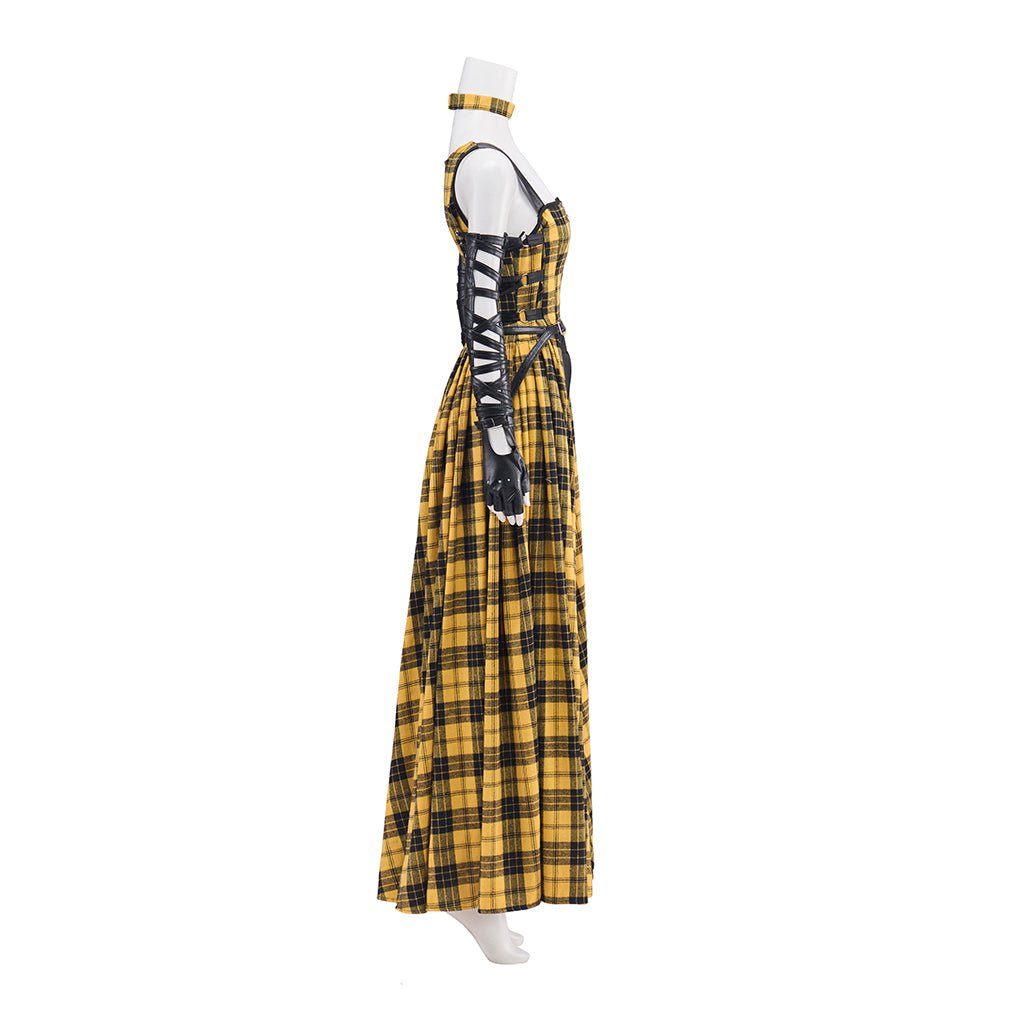 Vestido Longo Xadrez Amarelo Punk Rock com Mangas de Couro para Mulheres - Estrela Cosplay