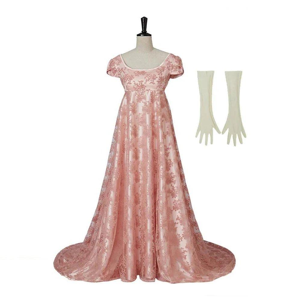 Vestido Rosa de Cintura Alta do Século 18 com Luvas - Elegância Atemporal para Qualquer Ocasião - Estrela Cosplay