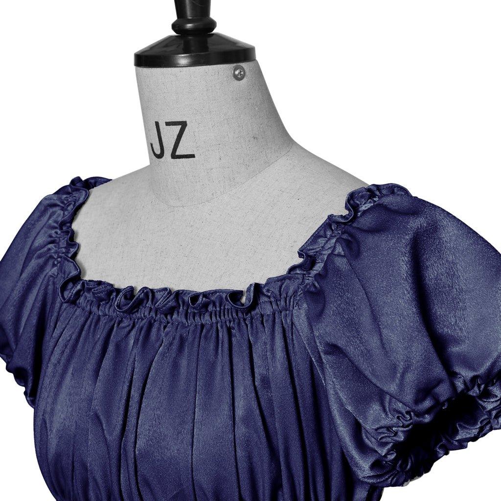 Vestido Império Medieval Tradicional - Cosplay Bridgerton em Tecido de Seda Azul Ferro - Estrela Cosplay