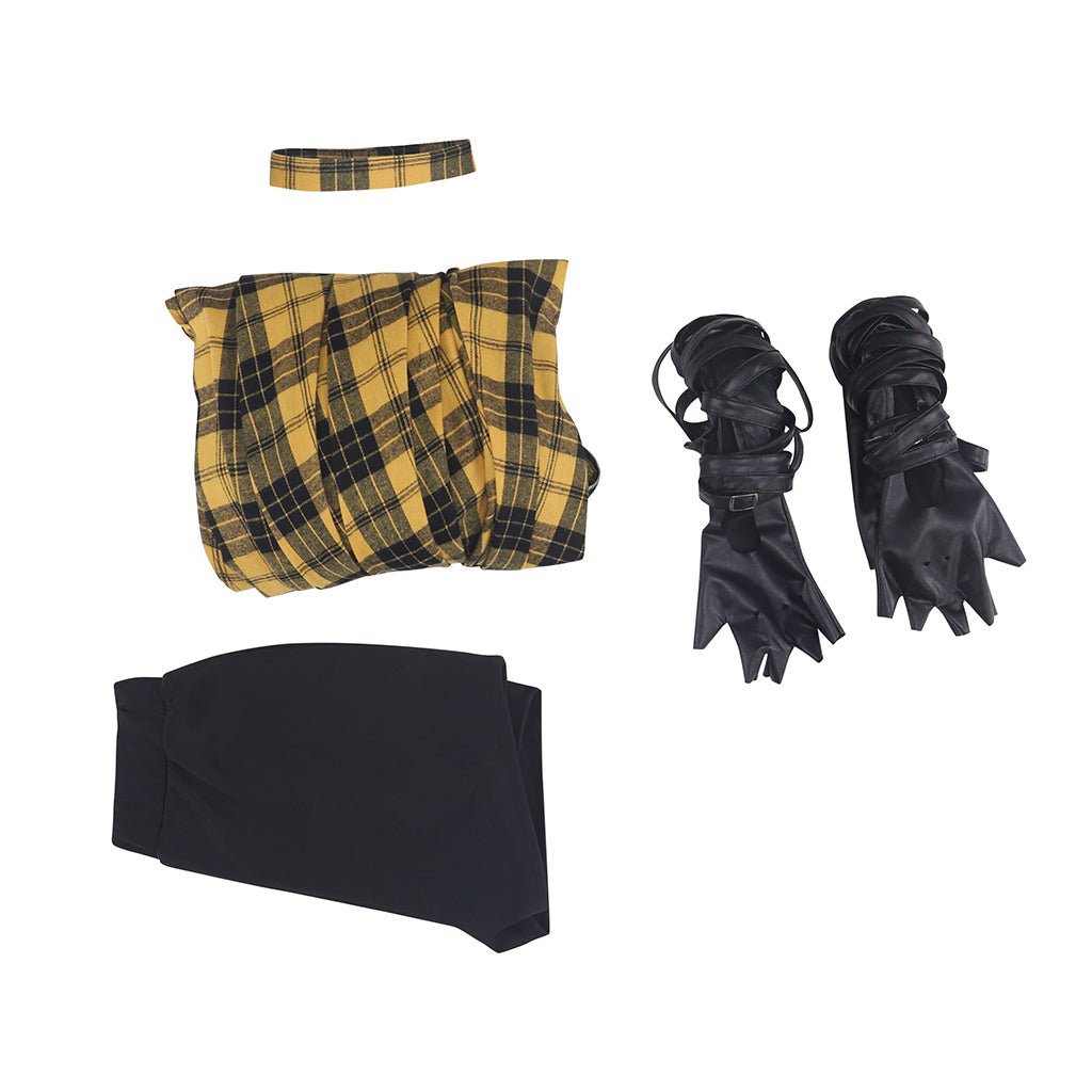 Vestido Longo Xadrez Amarelo Punk Rock com Mangas de Couro para Mulheres - Estrela Cosplay