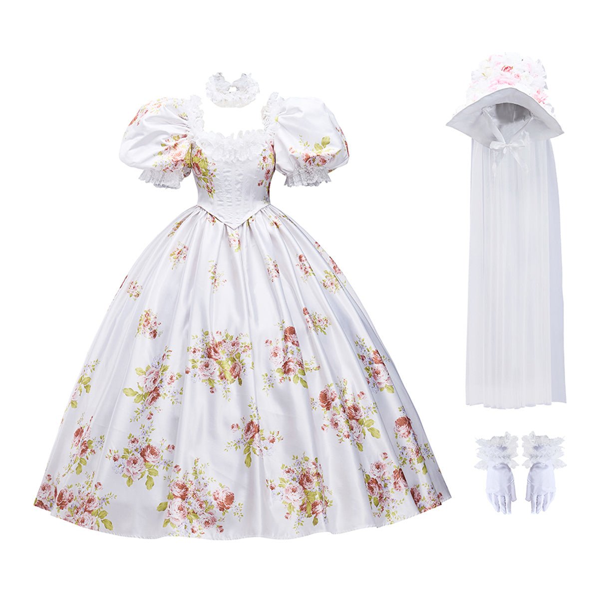 Vestido de Festa Marfim com Flores e Mangas Bufantes - Vestido Elegante para Cosplay e Eventos Formais - Comprimento no Chão - Estrela Cosplay