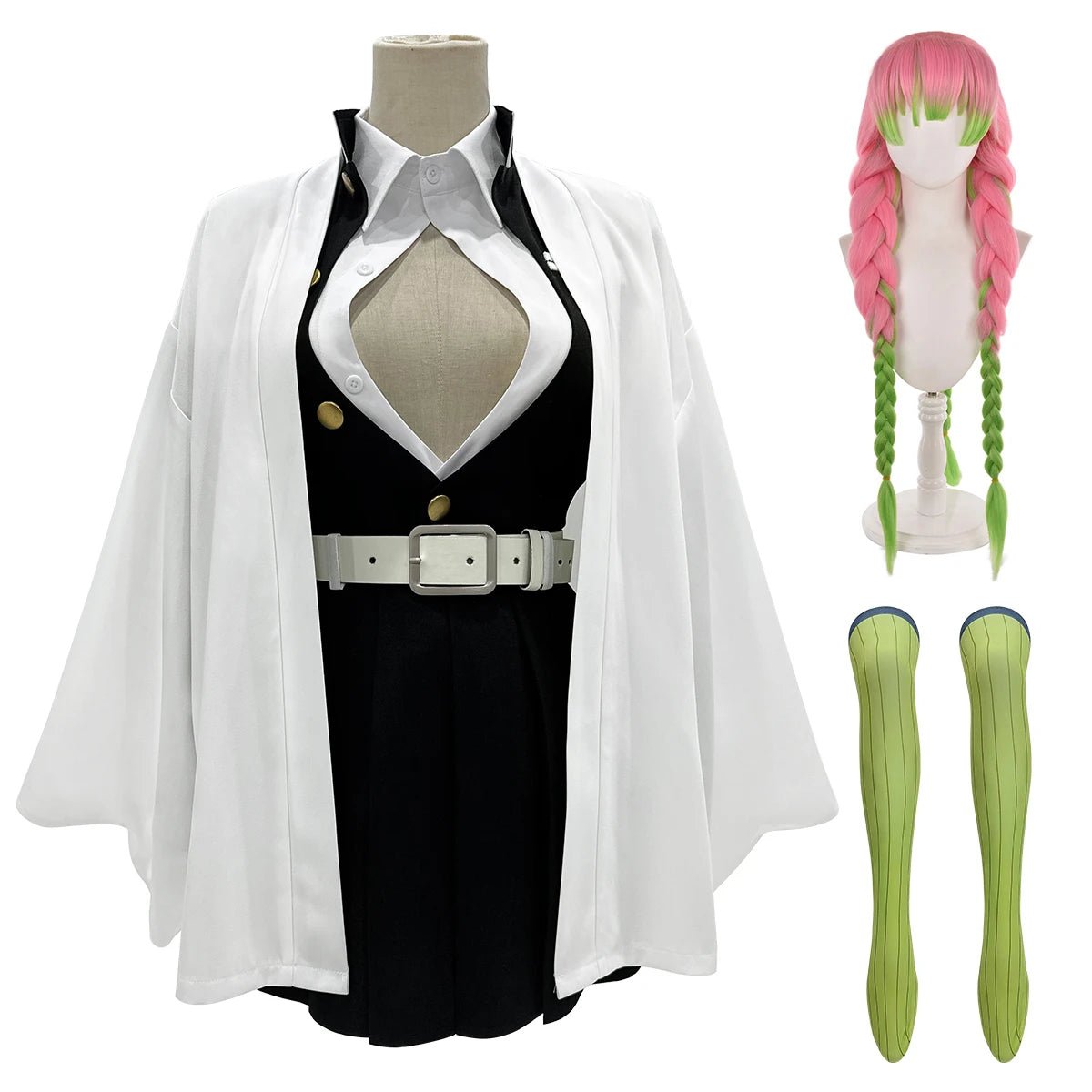 Fantasia de Cosplay Kanroji Mitsuri Demon Slayer Completa com Peruca, Top Bordado, Saia, Haori Branco e Meias - Estrela Cosplay