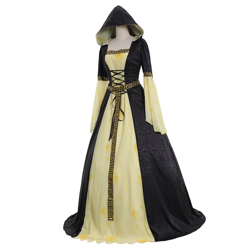 Vestido Medieval com Capuz Amarelo e Preto com Cinto - Traje Vintage para Mulheres em Shows Musicais e Festas de Halloween - Estrela Cosplay