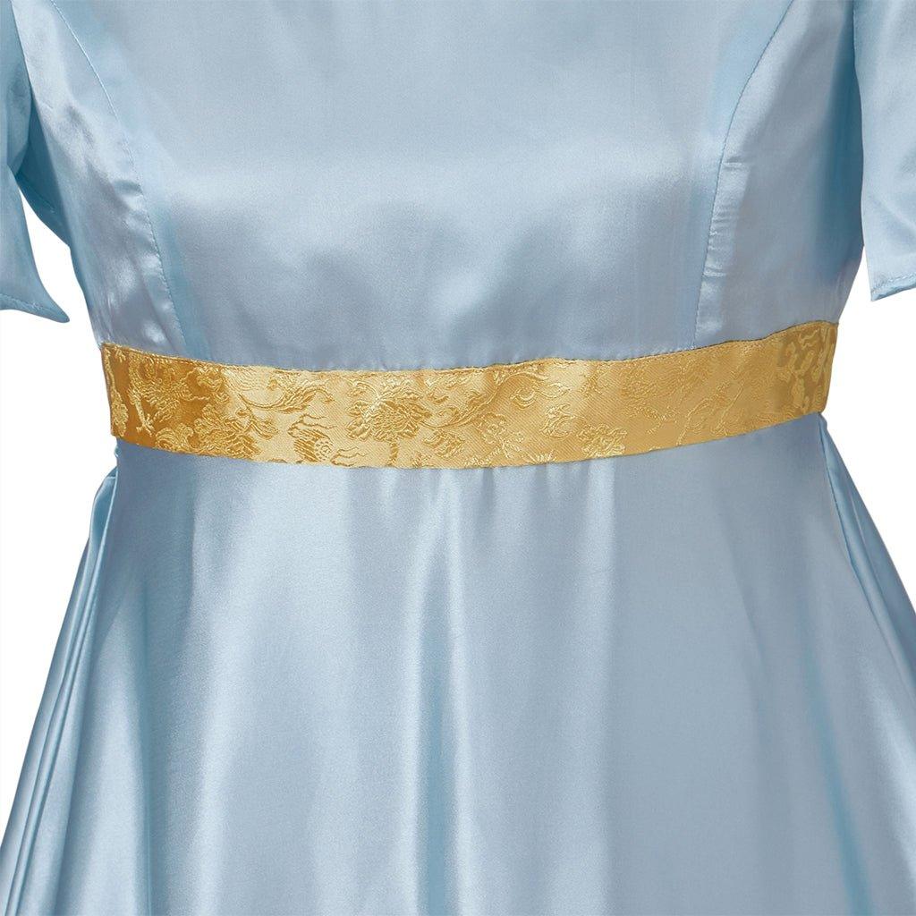 Vestido de Cosplay Regencia Medieval Bridgerton em Azul Claro com Cintura Dourada - Estrela Cosplay