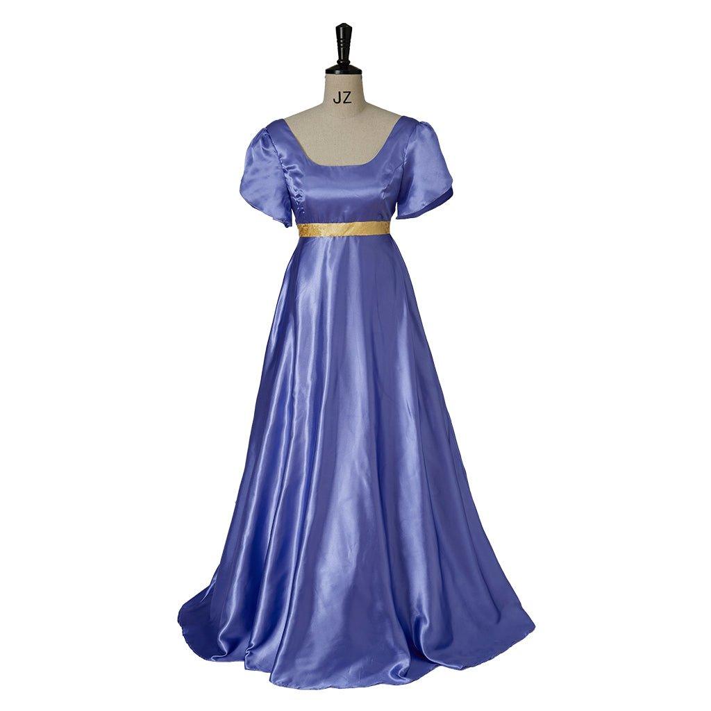 Vestido Império Medieval Tradicional - Fantasia Bridgerton em Tecido de Seda Azul-Roxo - Estrela Cosplay