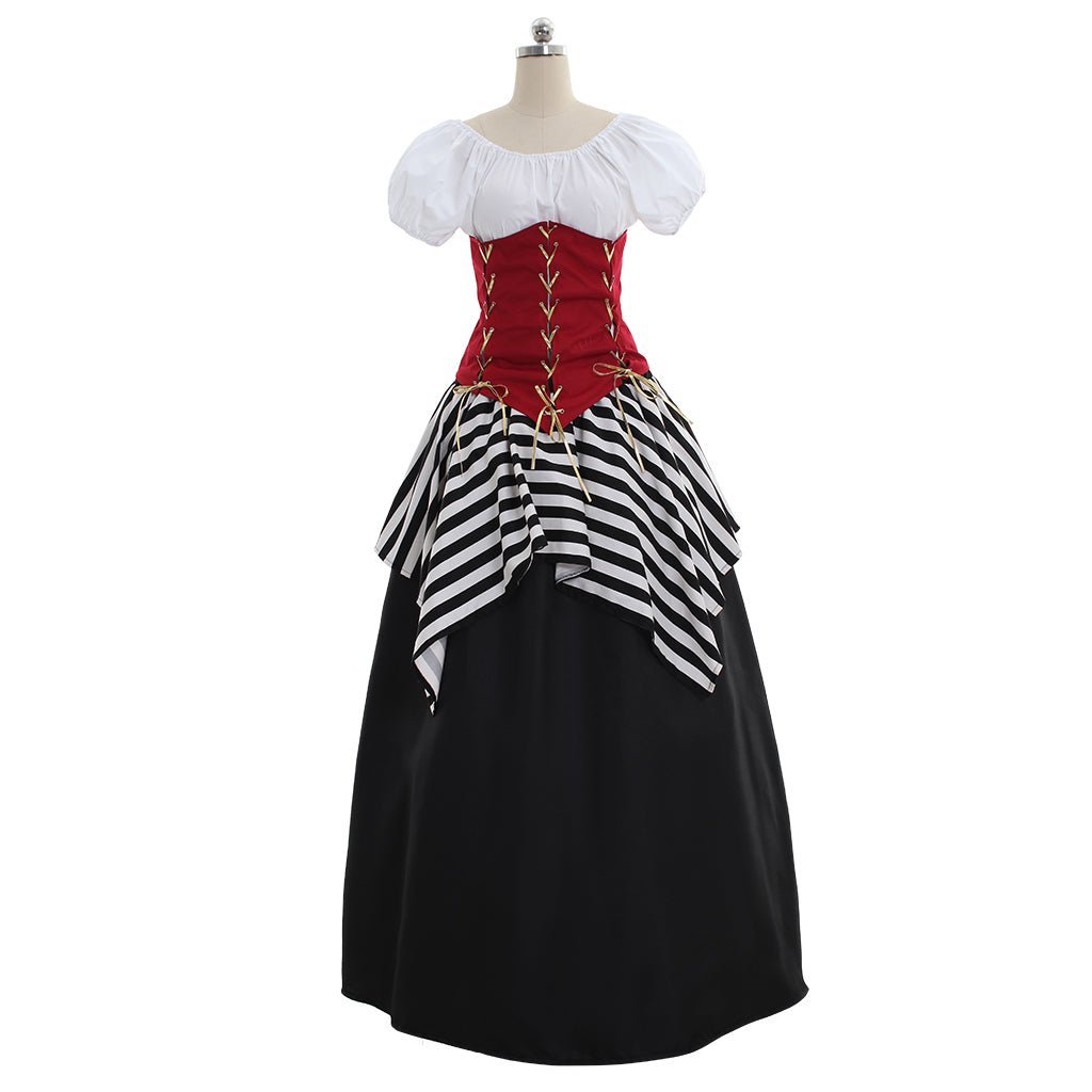 Vestido Pirata Medieval Renascentista Vitoriano Vermelho e Preto para Cosplay, Halloween e Carnaval - Estrela Cosplay
