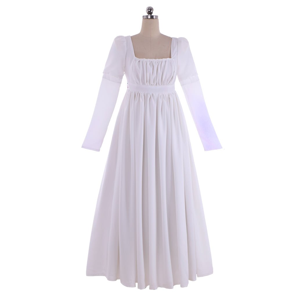 Elegante Vestido Regência Branco para Mulheres - Estilo Clássico Jane Austen, Vestido de Baile com Cintura Alta, Traje Medieval para Casamento - Estrela Cosplay