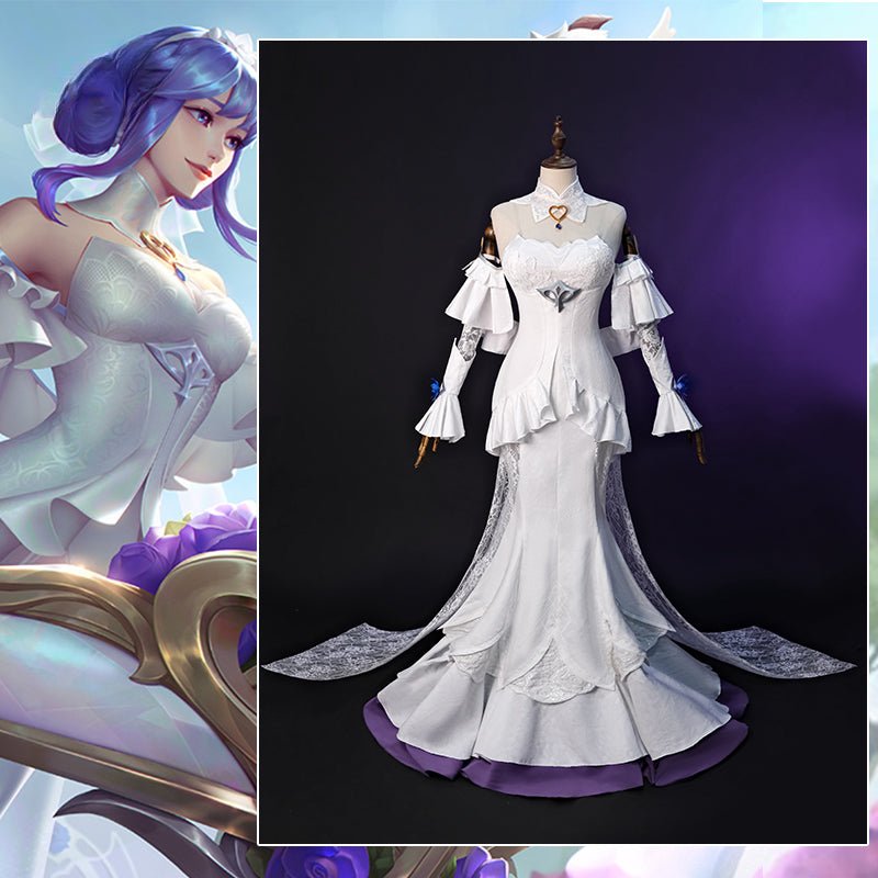 Fantasia de Cosplay Sona Rosa Cristal LOL - A Mestra das Cordas - Vestido Branco Nova Skin - Estrela Cosplay