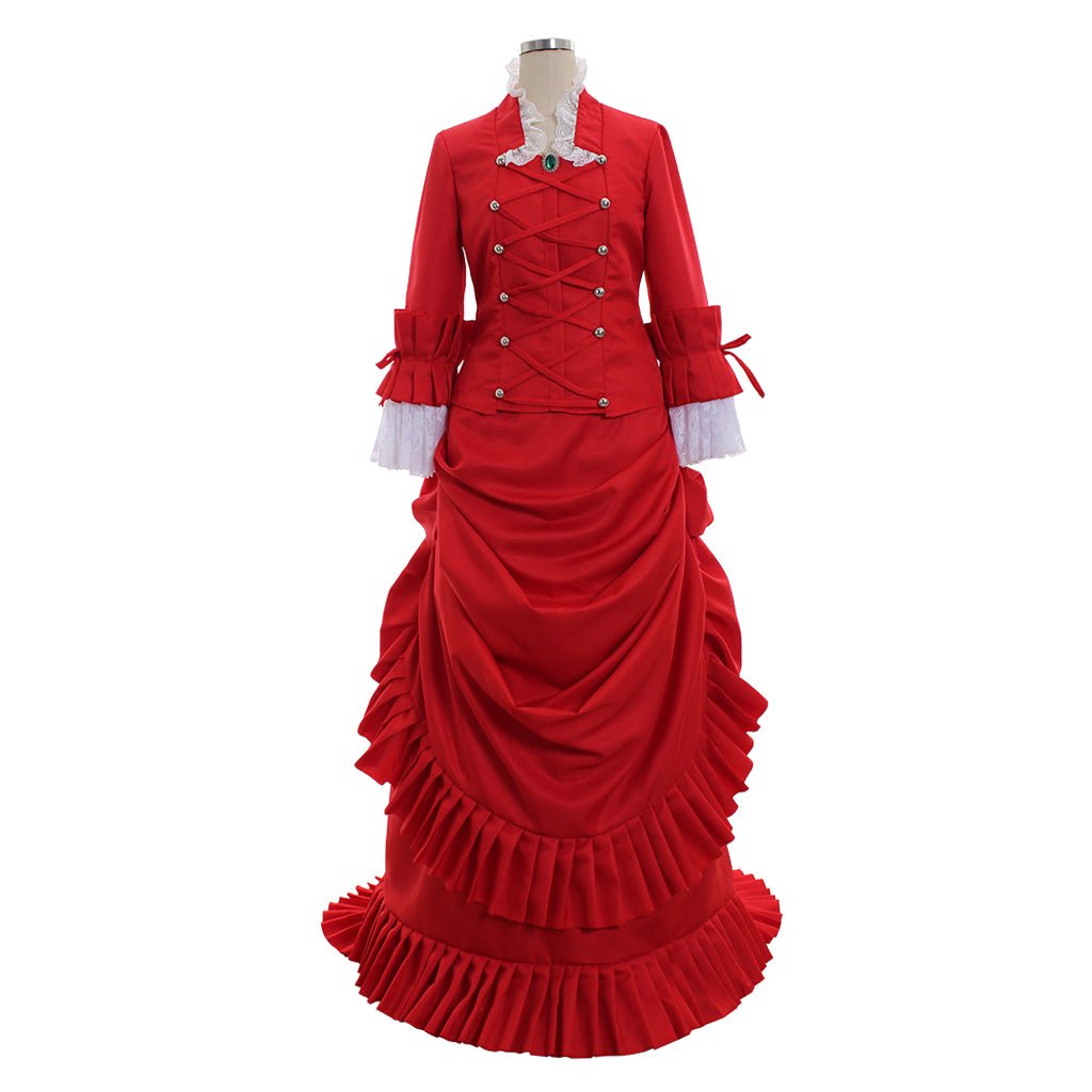 Vestido de Baile Vitoriano Vermelho com Bustle | Traje de Duquesa dos Anos 1860 para Eventos Históricos - Estrela Cosplay
