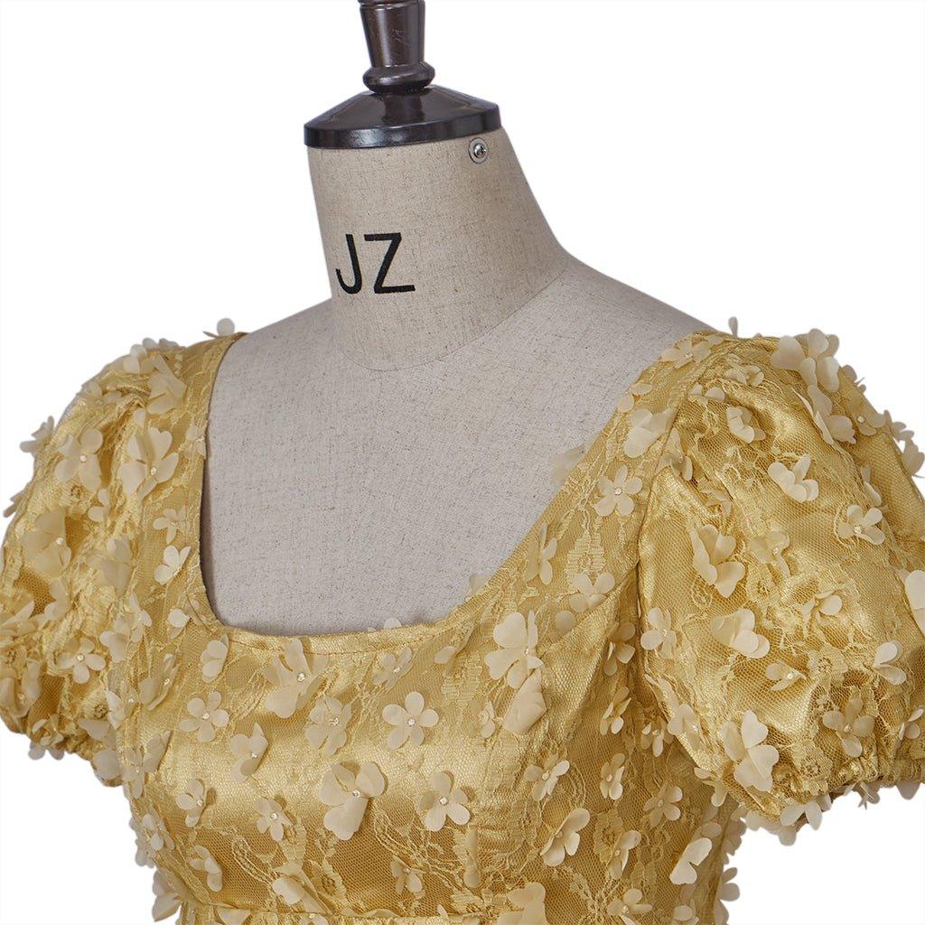 Vestido Império de Seda Dourado Padronizado - Cosplay Bridgerton, Halloween, Natal, Festas de Chá e Eventos de Salão - Estrela Cosplay
