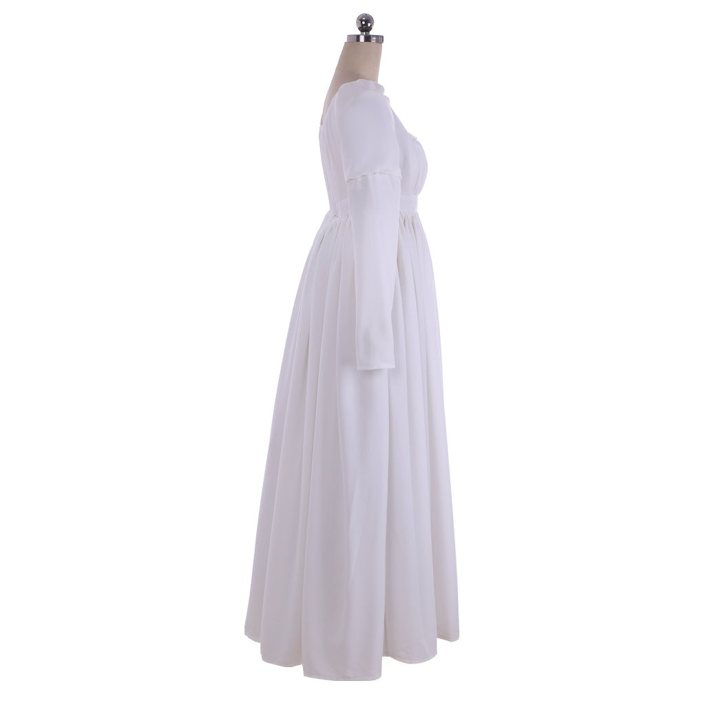 Elegante Vestido Regência Branco para Mulheres - Estilo Clássico Jane Austen, Vestido de Baile com Cintura Alta, Traje Medieval para Casamento - Estrela Cosplay