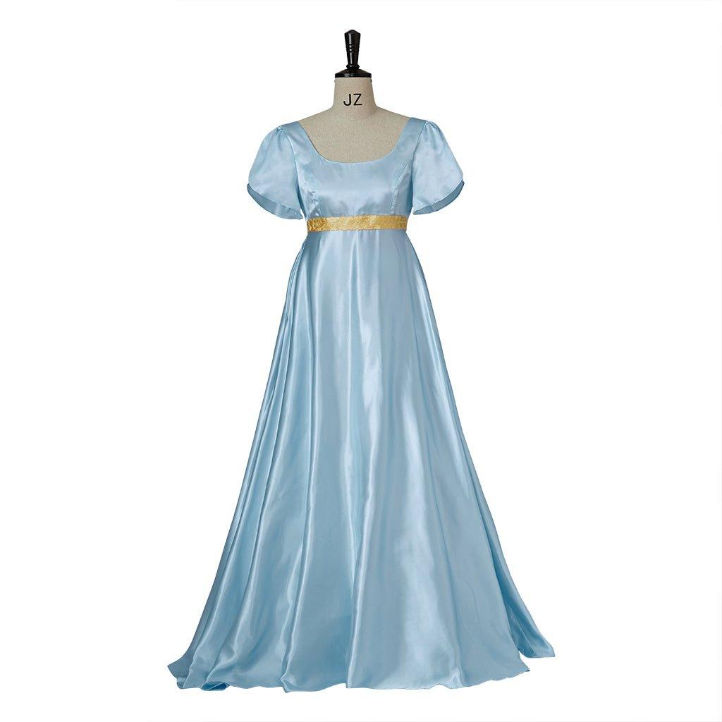 Vestido de Cosplay Regencia Medieval Bridgerton em Azul Claro com Cintura Dourada - Estrela Cosplay