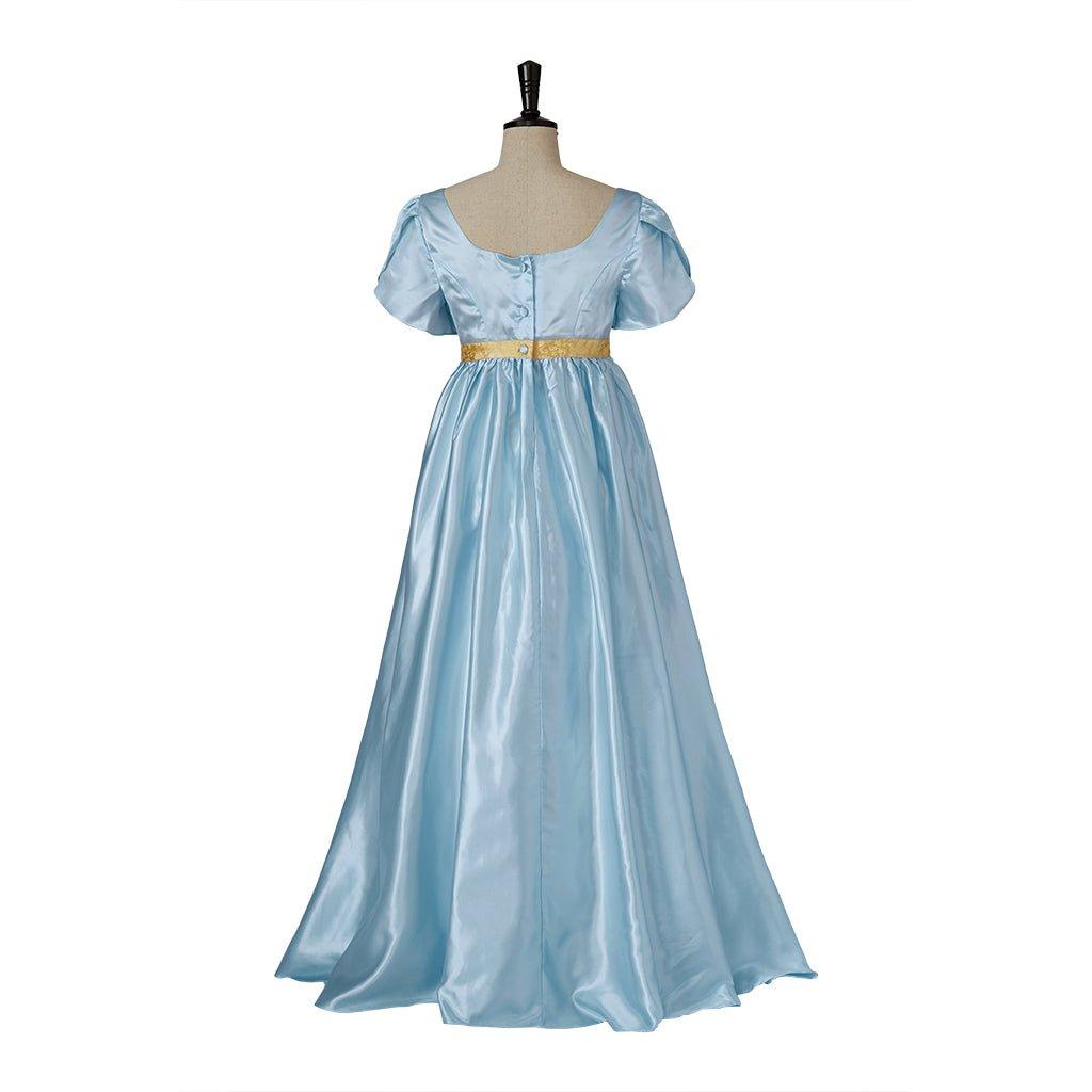 Vestido de Cosplay Regencia Medieval Bridgerton em Azul Claro com Cintura Dourada - Estrela Cosplay