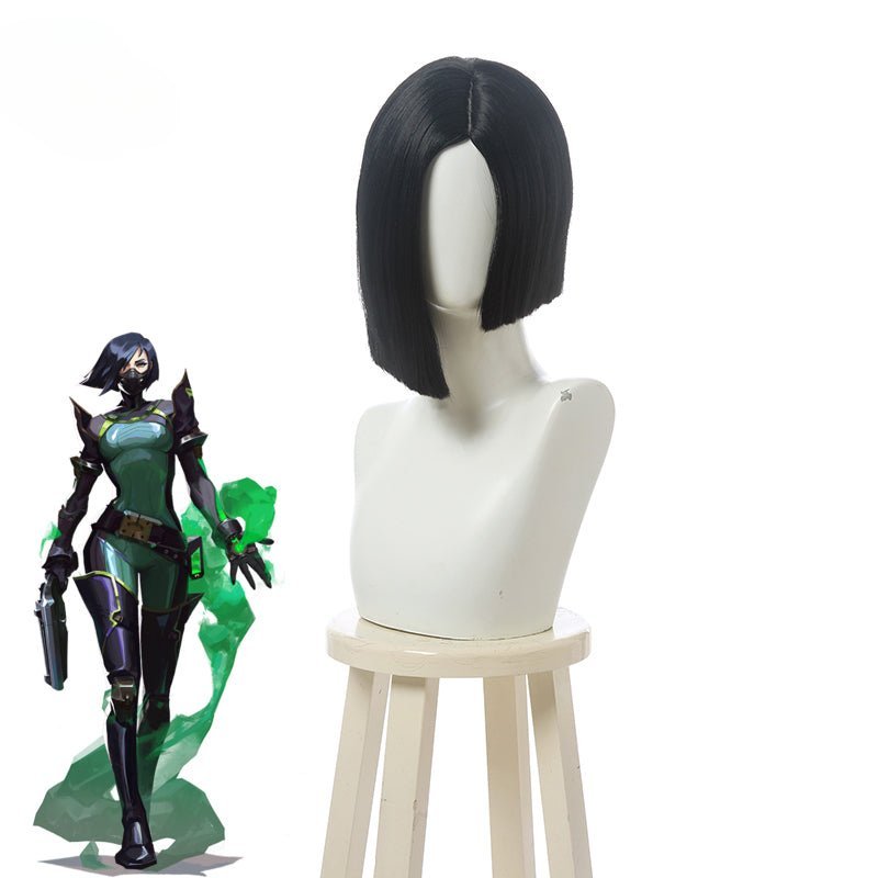 Peruca Curta Preta de 35cm para Cosplay de Viper do Jogo Valorant - Resistente ao Calor - Estrela Cosplay