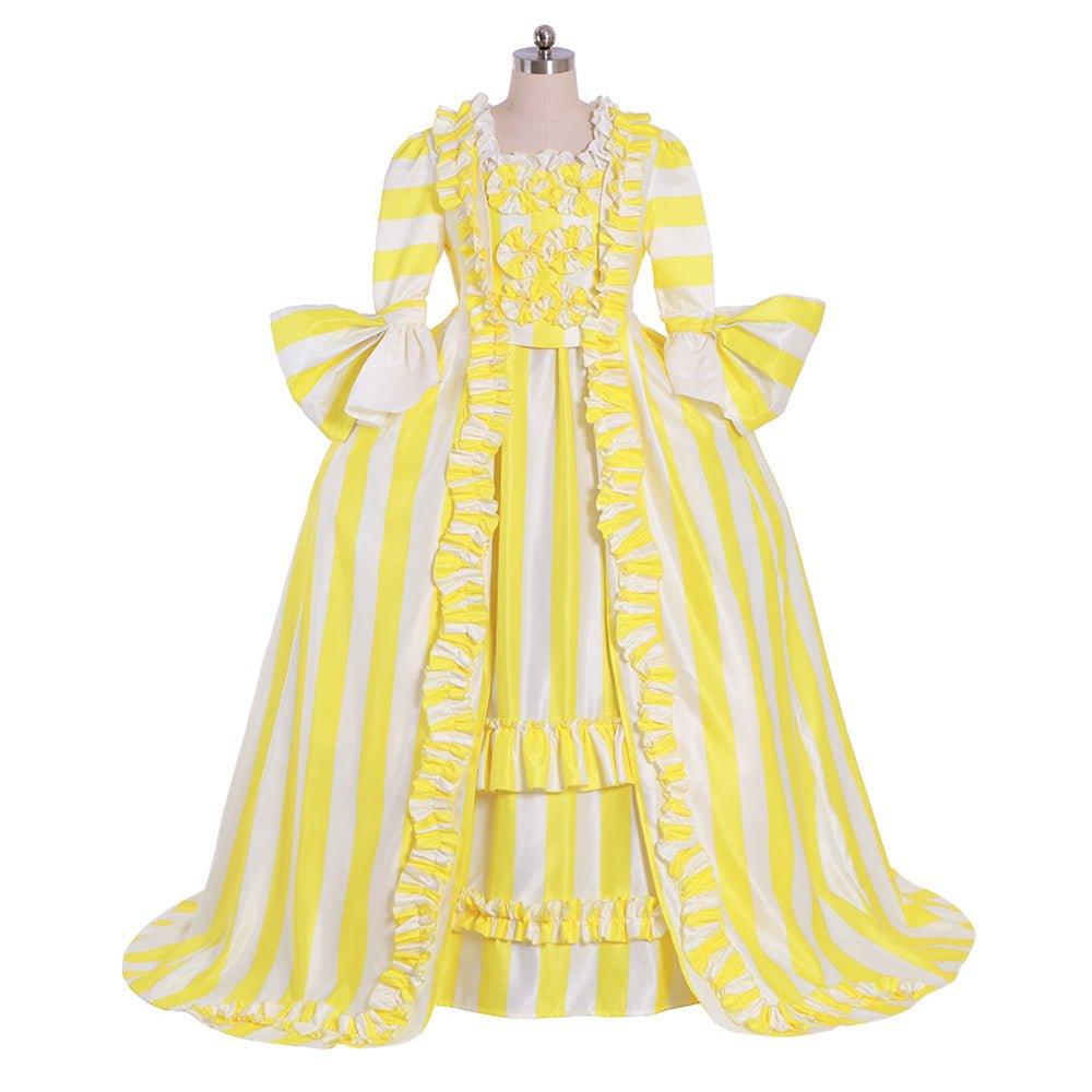 Vestido Rococó Listrado do Século 18 - Amarelo e Branco com Rendados e Pregas por Estrela do Cosplay - Estrela Cosplay