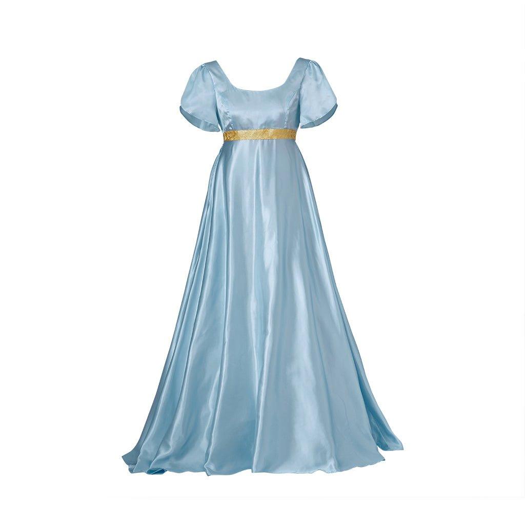 Vestido de Cosplay Regencia Medieval Bridgerton em Azul Claro com Cintura Dourada - Estrela Cosplay