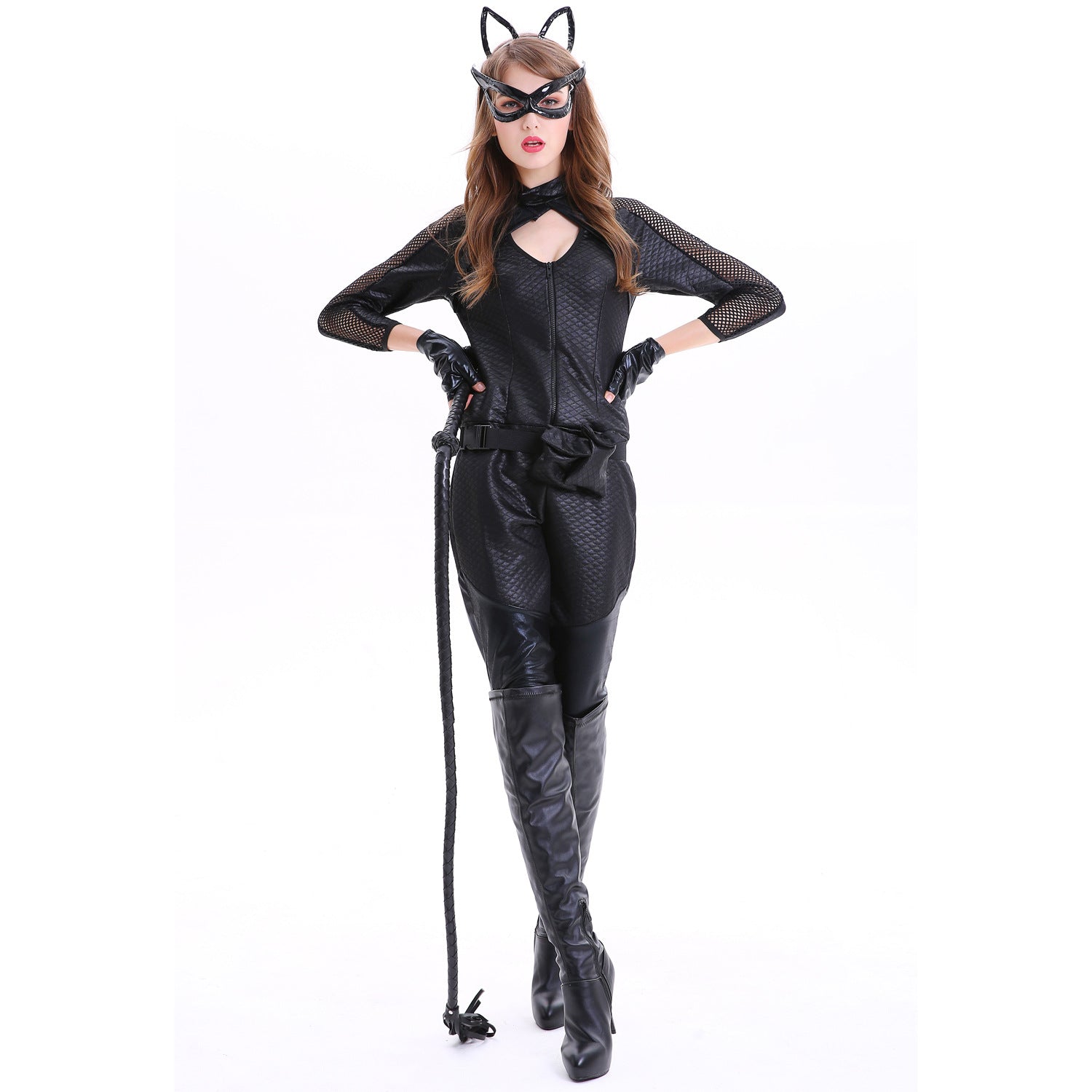 Fantasia de Mulher-Gato para Halloween - Macacão de Couro Sintético Sexy com Máscara de Gato para Cosplay - Estrela Cosplay