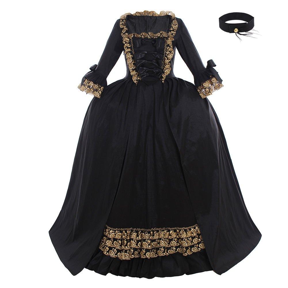 Vestido Rococó Preto do Século 18: Um Traje de Cosplay Luxuoso com Renda Dourada - Estrela Cosplay
