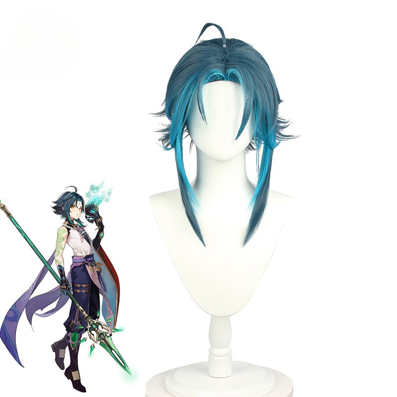 Peruca Xiao Cosplay Genshin Impact - Peruca Curta 40cm Azul Misturado Cabelo Sintético Resistente ao Calor - Estrela Cosplay