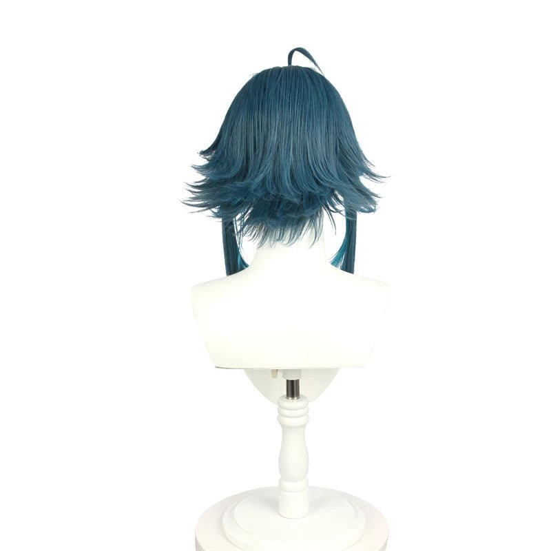Peruca Xiao Cosplay Genshin Impact - Peruca Curta 40cm Azul Misturado Cabelo Sintético Resistente ao Calor - Estrela Cosplay
