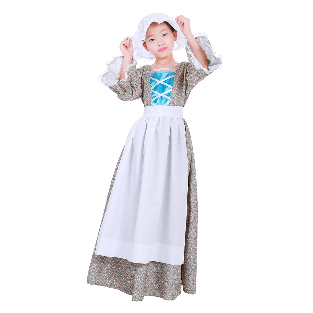 Fantasia de Empregada Colonial Pioneira Prairie para Meninas - Vestido de Cosplay Vitoriano Medieval com Chapéu para Crianças - Estrela Cosplay