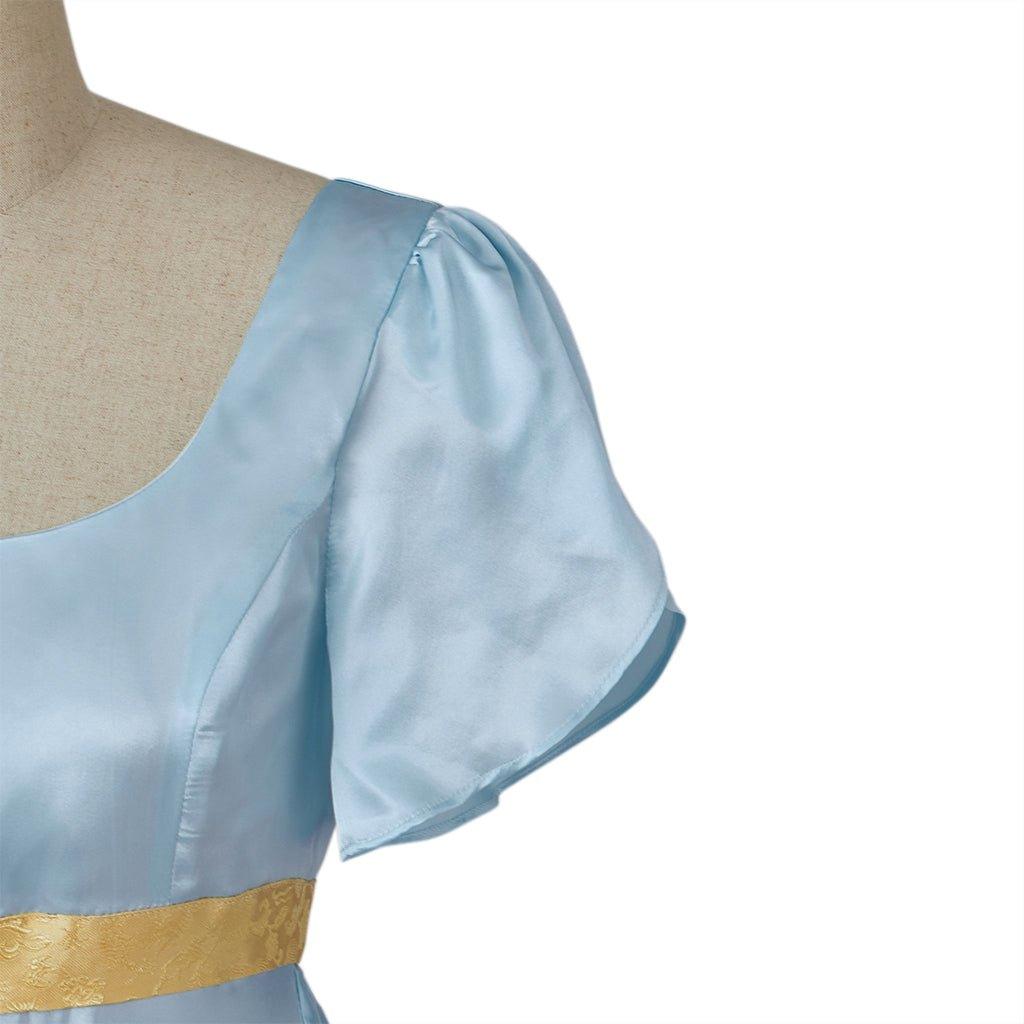 Vestido de Cosplay Regencia Medieval Bridgerton em Azul Claro com Cintura Dourada - Estrela Cosplay