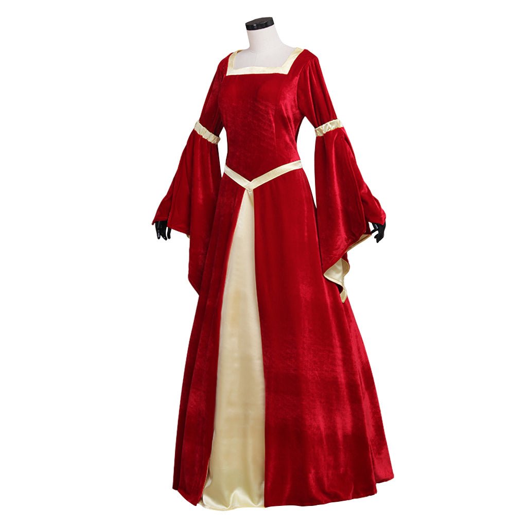 Vestido Medieval de Veludo Vermelho e Amarelo com Mangas Trompete | Traje para Casamentos e Festas Temáticas - Estrela Cosplay