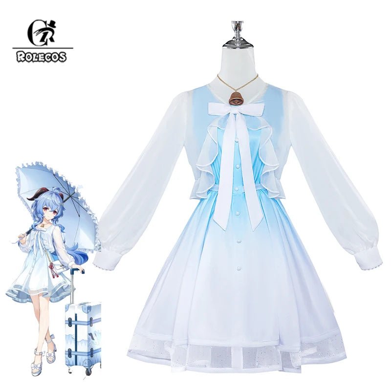 Vestido Original Genshin Impact Ganyu Azul e Branco Gradiente Elegante para Mulheres Fantasia de Cosplay - Estrela Cosplay