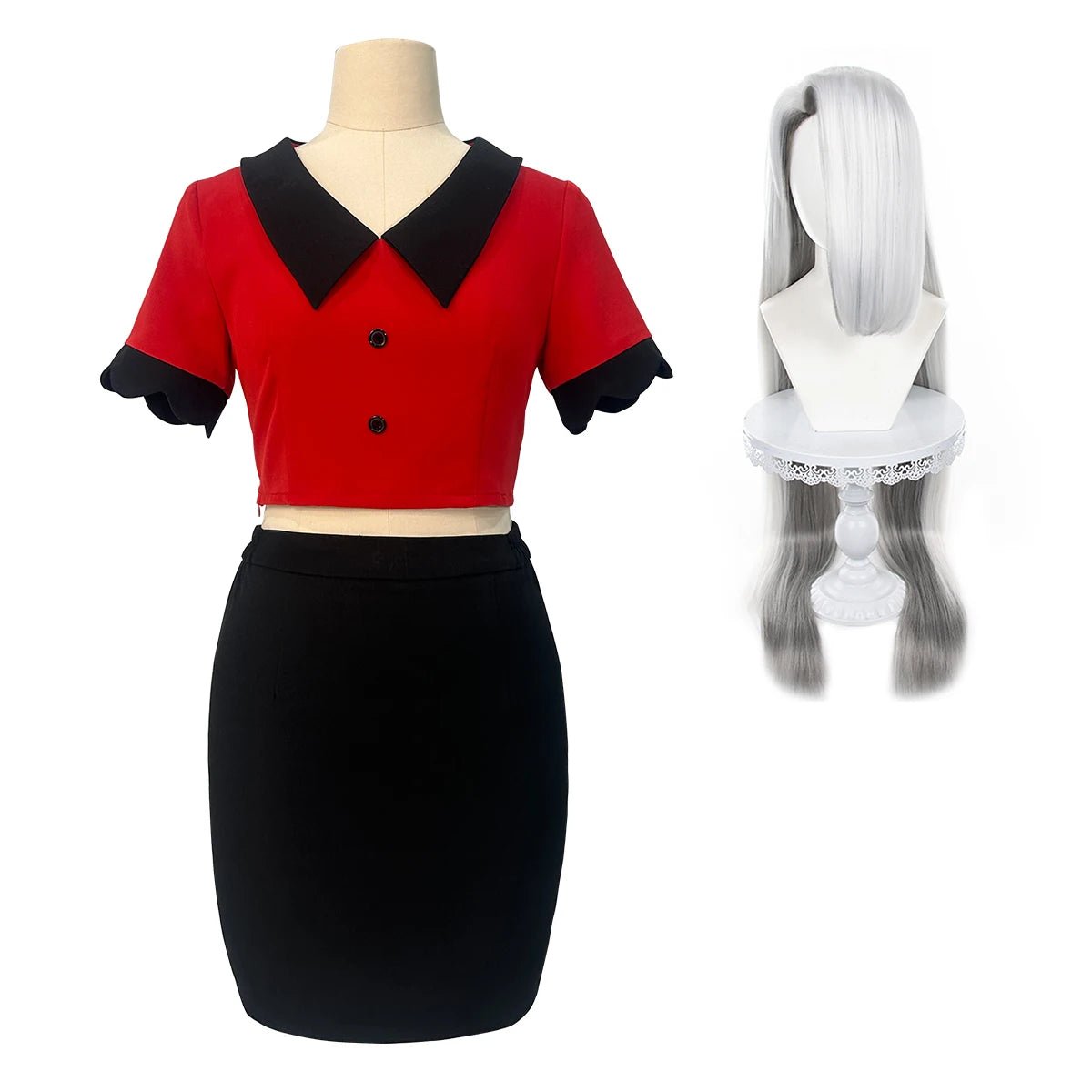 Fantasia de Cosplay Vaggie do Anime Haz Hotel com Peruca Saia Longa Prata Rosa Pente Net Presente para Halloween Convenções - Estrela Cosplay