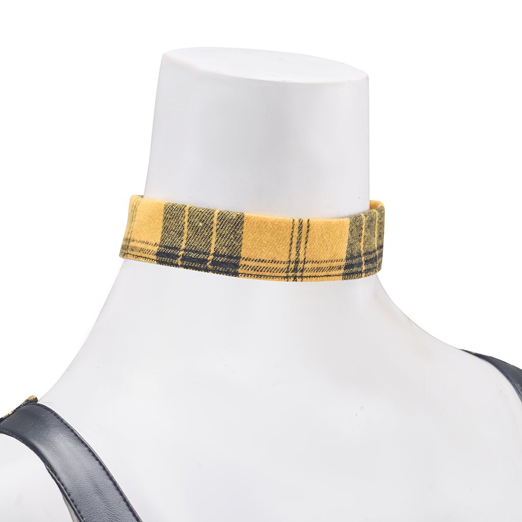 Vestido Longo Xadrez Amarelo Punk Rock com Mangas de Couro para Mulheres - Estrela Cosplay