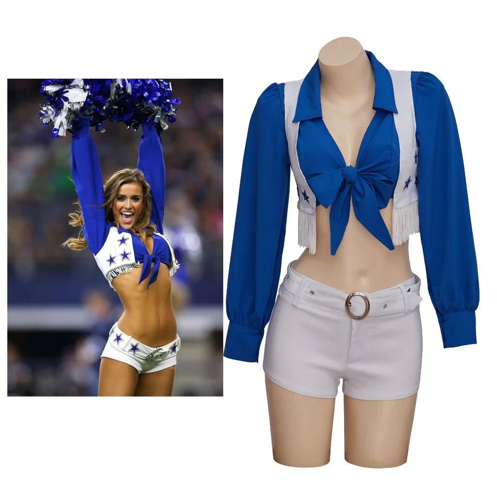 Uniforme de Cheerleader Dallas Cowboy Cosplay - Colete, Camisa, Shorts, Cinto - Estrela Cosplay