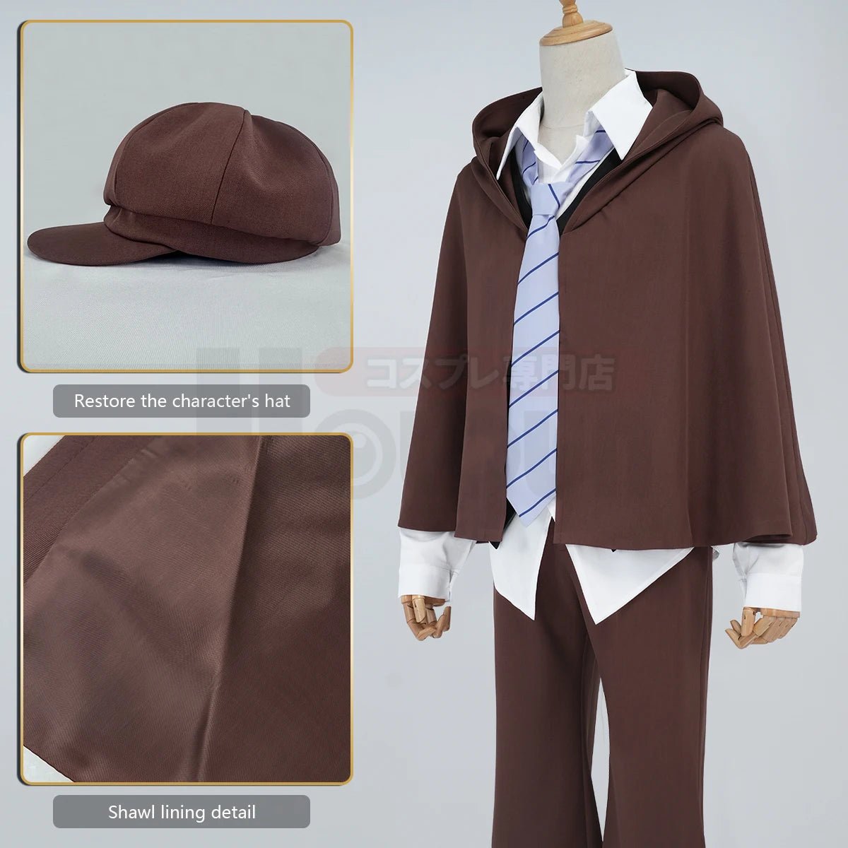 Fantasia de Cosplay Edogawa Rampo Bungo Anime - Capa, Calças Elásticas, Camisa, Colete, Gravata e Chapéu para Convenções, Halloween e Uso Diário - Estrela Cosplay